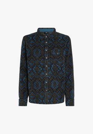 Hemd aus Flanellstoff mit einem dunkelgrünen und blauen geometrischen Muster, mit einer Brusttasche und einem Kragen.