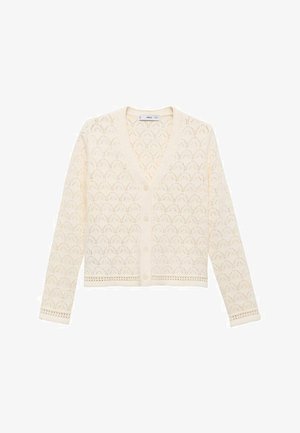Cream open-knit cardigan, featuring a V-neck, long sleeves, and six buttons down the front. Textured leaf pattern throughout.