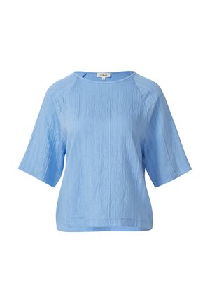 Blusa azzurro chiaro a maniche corte con scollatura tonda e sottile trama verticale, vestibilità ampia, realizzata da s.Oliver.