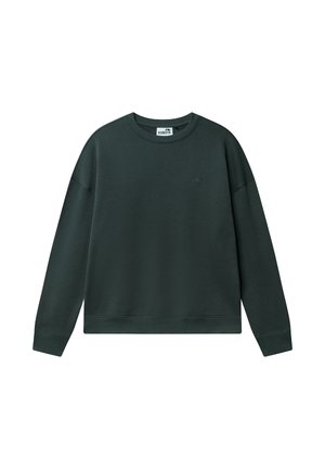 Ciemnozielona bluza z długim rękawem i okrągłym dekoltem, z prążkowanymi mankietami i dołem, z małym jednokolorowym logo na piersi oraz metką "Kubota" wewnątrz kołnierza.