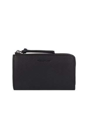 Portefeuille en cuir noir avec une surface texturée, forme rectangulaire longue, fermeture éclair et une sangle pour le poignet. Logo embossé sur le devant.