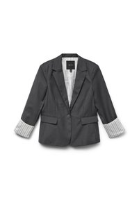 Gray blazer with a classic design, featuring a single button closure and striped cuffs. Smooth texture and tailored fit with side pockets.