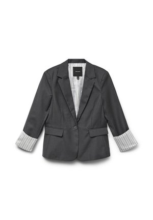 Šedý blazer s klasickým designem, který má zapínání na jeden knoflík a proužkované manžety. Hladká textura a dobře padnoucí střih s bočními kapsami.