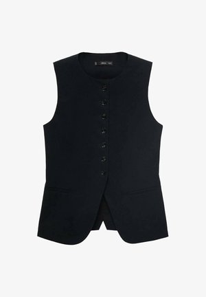 Zwarte mouwloze vest met een ronde halslijn, voorzien van een sluiting met knopen aan de voorkant en twee zijzakken. Glad materiaal met een getailleerde pasvorm.