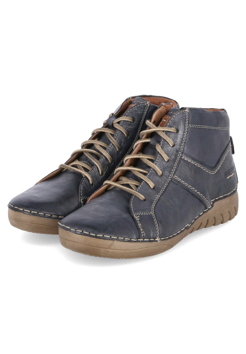Dark blue leather ankle boots with beige laces, stitched detailing, and a textured brown sole. Features a side seam design and pull tab.