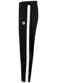 Zwarte sweatpants met een taps toelopende pasvorm, met een witte verticale streep langs de zijkant en een klein geborduurd logo op de bovenbenen.
