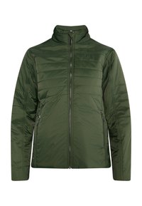 Groene gewatteerde jas met een staande kraag. Voorzien van ritszakken, een gestikte patroon op de borst en een gladde afwerking op de mouwen.
