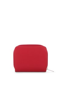 Portafoglio rosso con zip, dalla superficie liscia, forma rettangolare e angoli arrotondati. Caratterizzato da hardware argentato e una chiusura con zip singola.