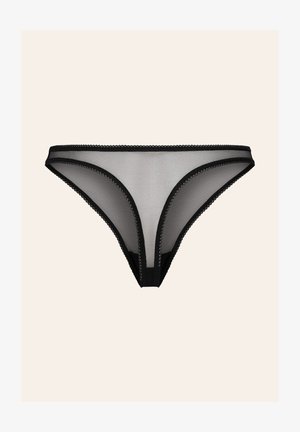 Zwarte netten string met contrasterende stiksels, voorzien van een low-rise ontwerp en een delicate golvende rand langs de tailleband en beenopeningen.