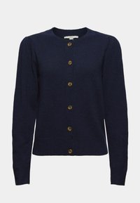 Cárdigan de punto en color navy con mangas largas, escote redondo y botones de madera en la parte delantera. Presenta puños y dobladillo de canalé para mayor textura.