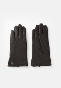 Black leather gloves with five fingers, sleek design, ribbed cuffs, and logo detail. Smooth texture with a matte finish.
