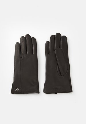 Black leather gloves with five fingers, sleek design, ribbed cuffs, and logo detail. Smooth texture with a matte finish.