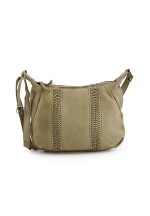 Blød beige læder skuldertaske med flettet vertikal trim, justerbar rem og lynlås.