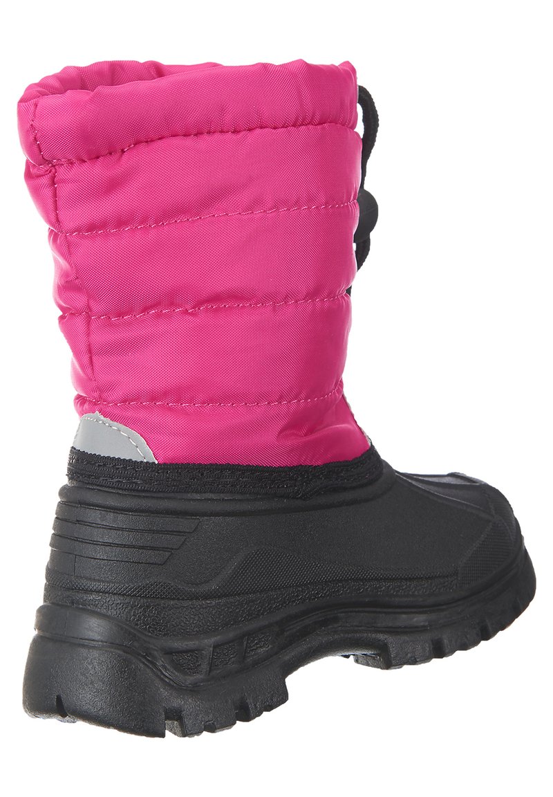 Rosa gepolsterter Winterstiefel mit einer schwarzen Gummisohle, strukturiertem Design und verstellbarem oberen Verschluss. Sitzt über Knöchelhöhe.