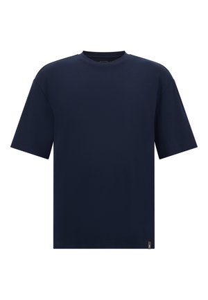T-shirt di cotone blu navy con girocollo, maniche corte e orlo dritto. Presenta un piccolo accento di marca sul lato inferiore.