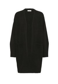 Black cardigan made of soft fabric, open front design, long sleeves, two front pockets, and a relaxed fit.