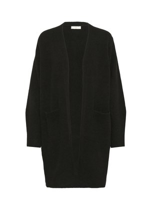 Schwarzer Cardigan aus weichem Stoff, mit offenem Frontdesign, langen Ärmeln, zwei Vorderaschen und einem lässigen Schnitt.