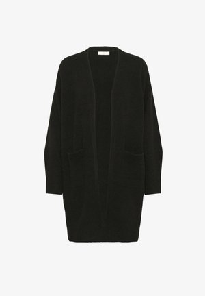 Čierny kardigán vyrobený z mäkkej tkaniny, s otvoreným predným dizajnom, dlhými rukávmi, dvoma prednými vreckami a voľným strihom.