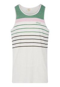 Mouwloze tanktop in wit met groene, roze en bruine horizontale strepen. Zacht materiaal met een ronde hals en subtiele logo-detail.