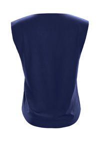 Top sin mangas azul marino con una textura suave, escote redondeado y un ajuste holgado. Presenta costuras laterales sutiles y un dobladillo ligeramente curvado.