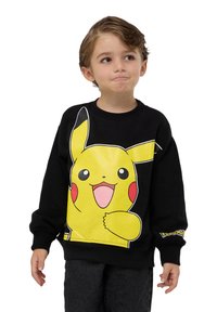 Czarna bluza z dużą grafiką Pikachu w kolorze żółtym i czarnym z przodu. Żebrowane mankiety i okrągły dekolt.