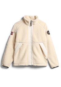 Cream-colored fleece jacket with a high collar, white panels, and side pockets. Features an emblem on the left sleeve. Soft texture.