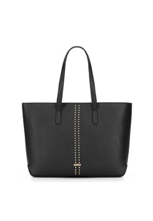 Black tote bag made of textured faux leather, featuring vertical gold stud detailing and two sturdy handles.