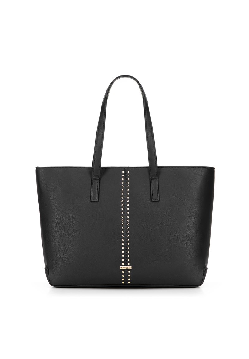 Black tote bag made of textured faux leather, featuring vertical gold stud detailing and two sturdy handles.