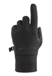 Juodos pirštinės su pritaikytu dizainu, pagamintos iš minkštos, tamprios medžiagos. Yra reguliavimo dirželis ir iškilmingas ženklinimas ant riešo.