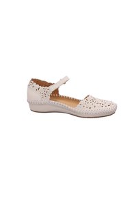 Zapato de cuero blanco con patrón floral perforado, punta redonda, correa con hebilla y plantilla de color marrón en contraste, taco bajo en forma de cuña y bordes cosidos.