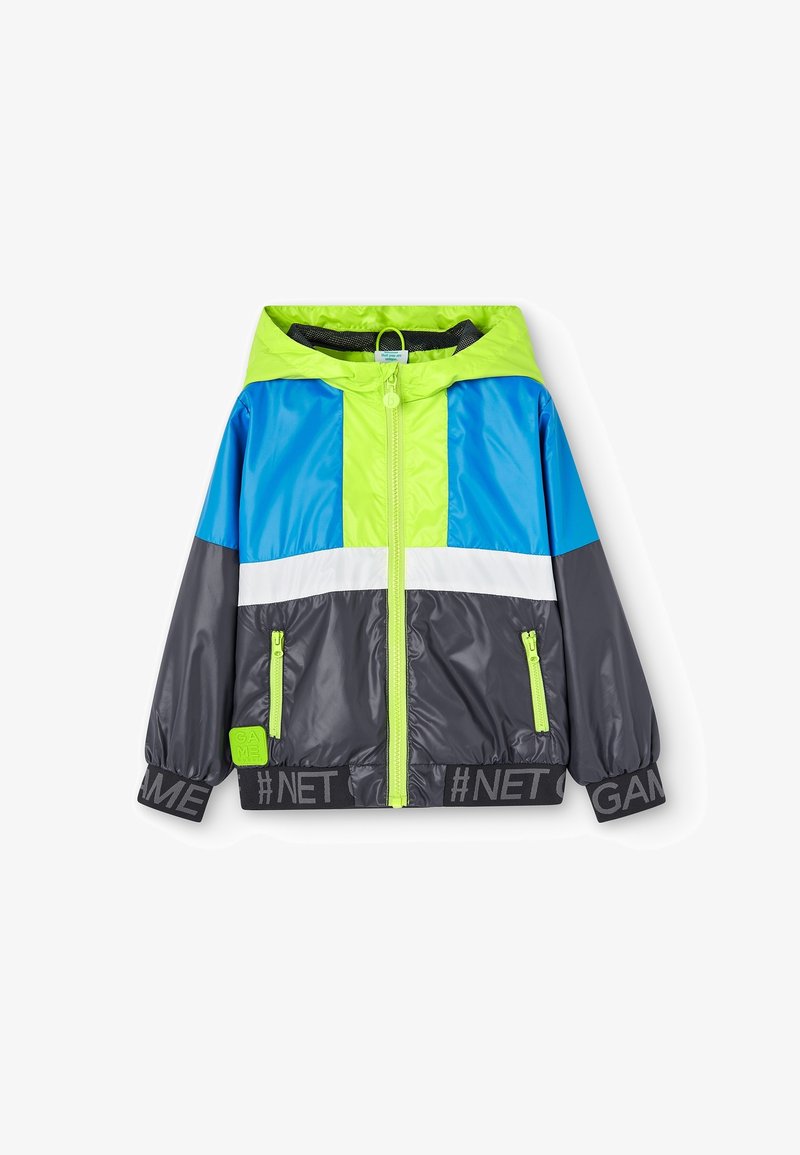 Veste à capuche pour enfant avec des blocs de couleurs néon vert, bleu, blanc et gris, fermeture éclair et détails de poche en néon vert, poignets élastiques et ourlet imprimé.