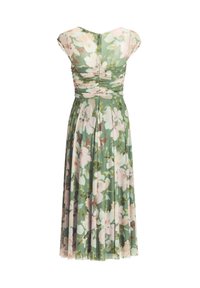 Robe midi verte à imprimé floral rose et blanc, corsage froncé et manches courtes, vue de dos.