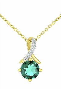 Auksinis pakabutis su apvaliu žaliu brangakmeniu, pritvirtintu nagu, papildytas išlenkta sidabro dalimi su keliomis mažomis žėrinčiomis akmenėlėmis.