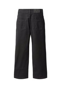 Pantaloni in denim neri a gamba larga con vita alta, dotati di due tasche posteriori e di un'etichetta in tessuto nero testurizzato. Tessuto morbido e resistente.