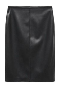 Mustat nahkaiset kynähameet, joissa on sileä pinta, suora siluetti ja keskiselän sauman yksityiskohta. Ei näkyvää metallia tai koristeluja.