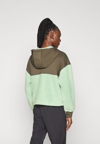 Fleece hettegenser med mintgrønn kropp og brune skulderpaneler. Har hette, lange ermer og en boksaktig passform. Teksturert stoff overalt.