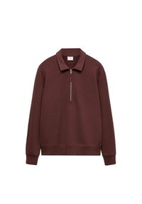 Sweat-shirt bordeaux avec col et fermeture éclair à moitié devant. Caractéristiques : manches longues et ourlet côtelé, fabriqué dans un tissu doux et texturé.