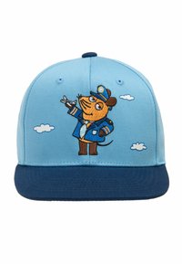 Light blue cap with a navy brim, featuring an embroidered cartoon dog in a pilot uniform, holding an airplane amidst cloud patterns.