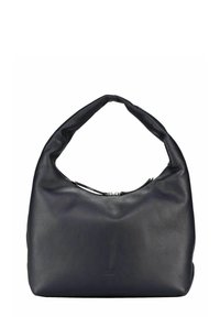 Sac hobo en cuir noir avec une surface douce et texturée, une poignée supérieure incurvée et une fermeture zippée ; présente un logo subtil à l'avant.