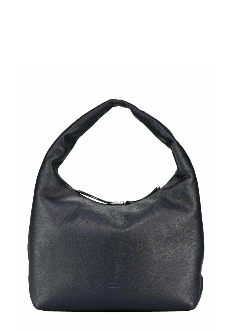 Sac hobo en cuir noir avec une surface douce et texturée, une poignée supérieure incurvée et une fermeture zippée ; présente un logo subtil à l'avant.