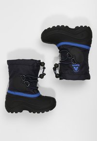 Black and blue waterproof winter boots with a thick rubber sole, textile upper, drawstring closure, and insulated cuff for warmth.