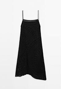 Schwarzes Häkelkleid mit kunstvollen Spitzenmustern, verstellbaren Spaghettiträgern und einer fließenden Silhouette, die einen gewellten Saum aufweist.