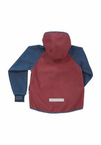 Red and blue two-tone fleece jacket with a hood, long sleeves, and ribbed cuffs. Features a reflective patch on the back. Soft texture.