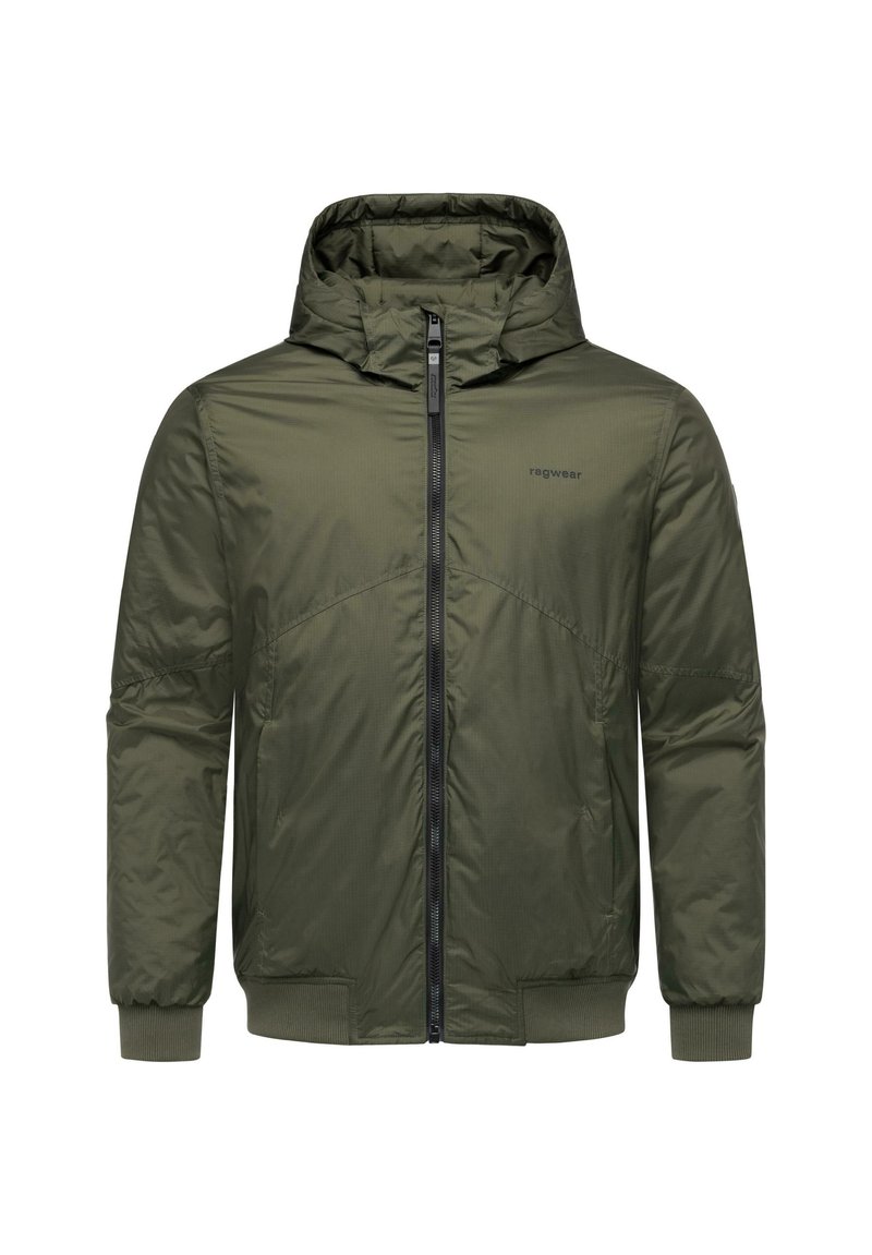 Olivenfarvet hættejakke med frontlynlås, rib-strikkede manchetter, to sidelommer og lille "ragwear" logo på brystet.
