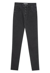 Jean skinny noir taille haute avec quatre boutons sur le devant et un design à cinq poches, présenté à plat sur un fond blanc.