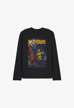 Schwarzes Langarmshirt mit einem bunten Wolverine-Grafikdruck auf der Vorderseite, der lebendige Farben und Comic-Stil-Kunstwerke zeigt.
