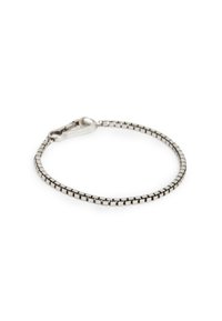 Silver metal bracelet with a linked design, featuring small square links and a lobster claw clasp. Smooth texture, sleek and minimalistic.