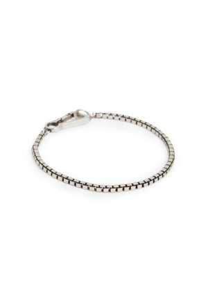 Silver metal bracelet with a linked design, featuring small square links and a lobster claw clasp. Smooth texture, sleek and minimalistic.