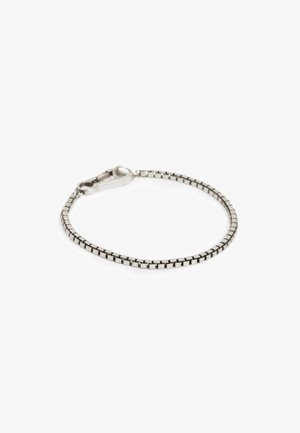 Silver metal bracelet with a linked design, featuring small square links and a lobster claw clasp. Smooth texture, sleek and minimalistic.