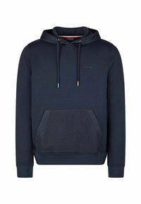 Donkerblauwe hoodie met een trekkoordkap, vooraan een kangoeroezak, een textureren stoffen paneel op de zak en subtiele branding op de borst.